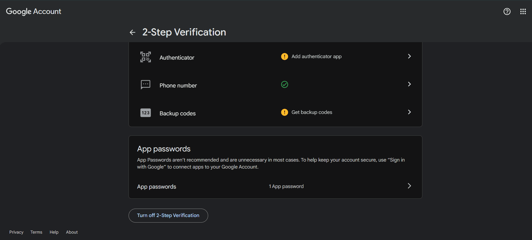 Google Account Security page showing the 2-Step Verification option under “How you sign in to Google”