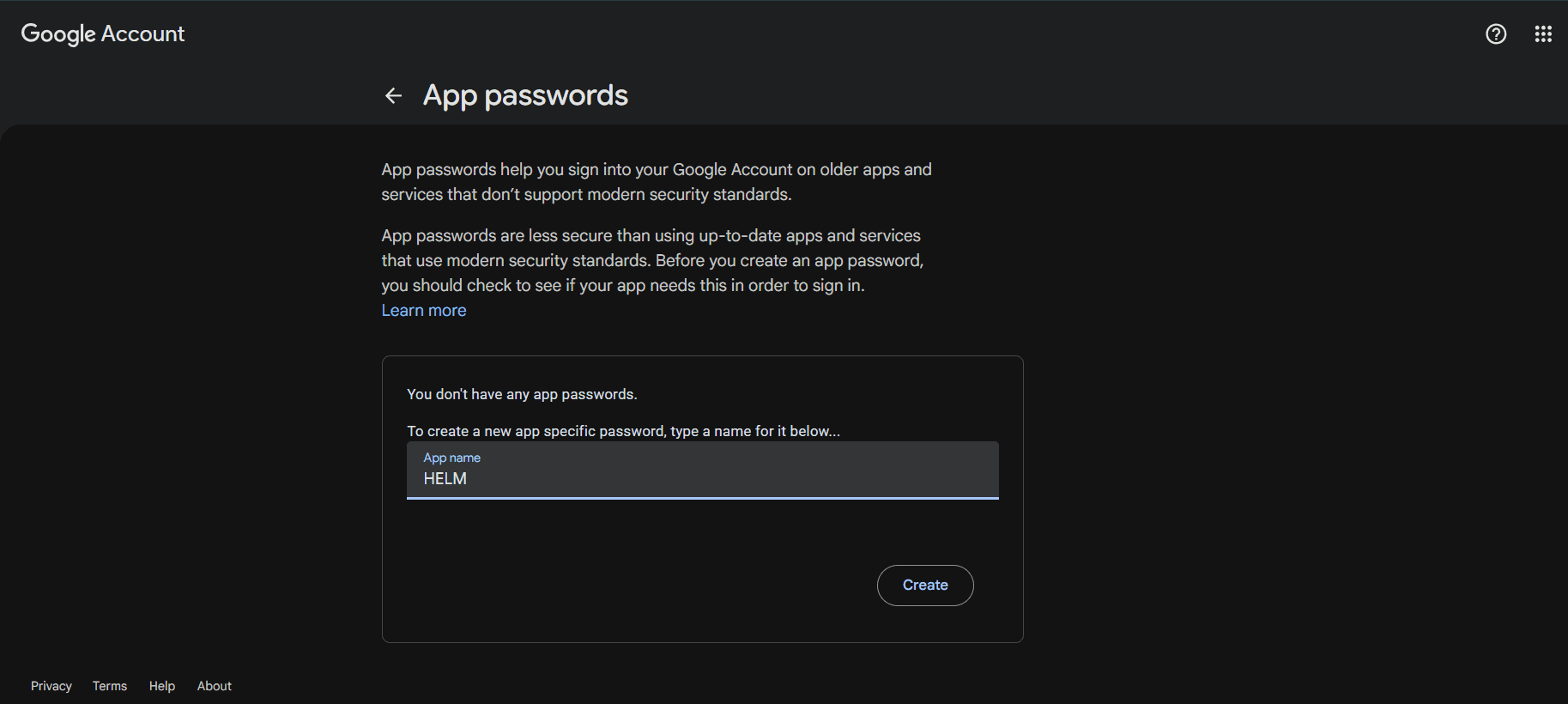 Bottom of the Google Security page showing the App passwords entry