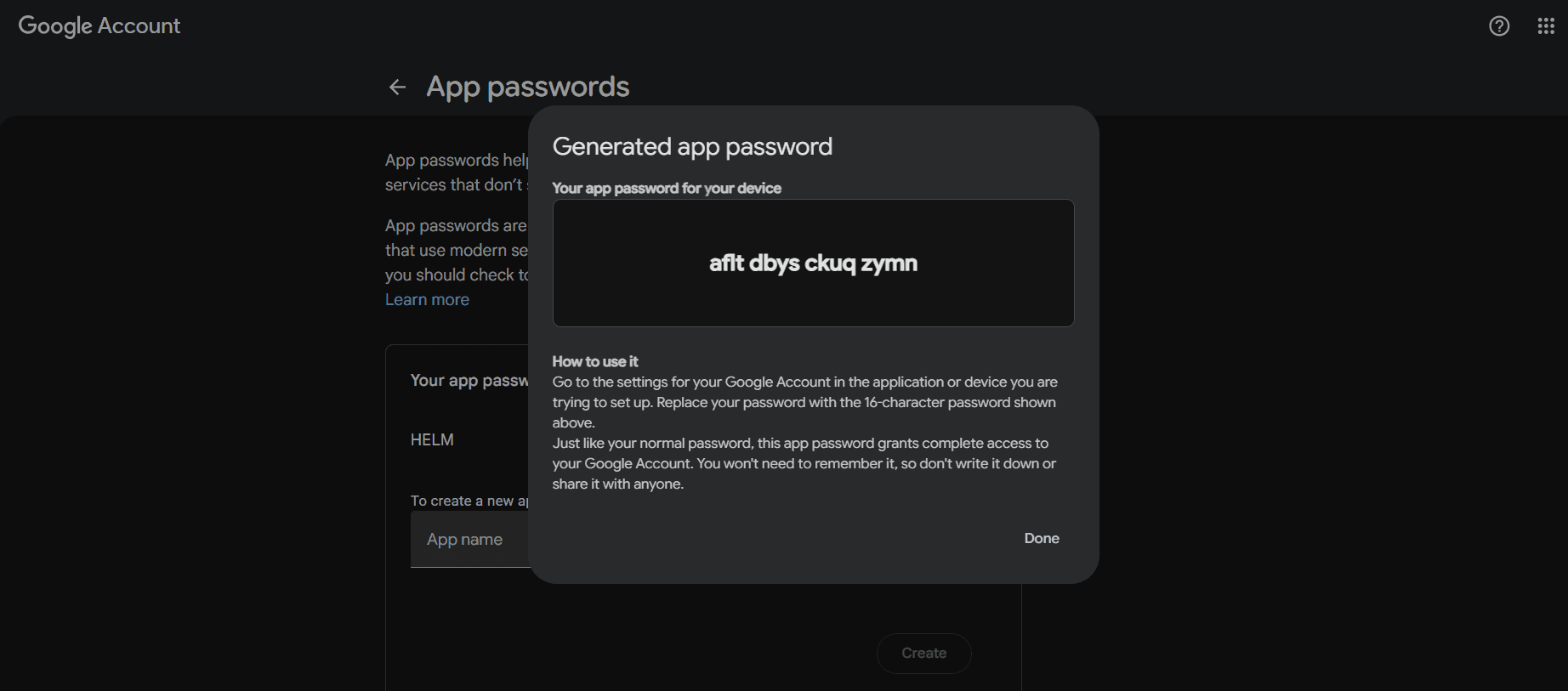 Google App passwords screen with the app-name field and a generated 16-character password