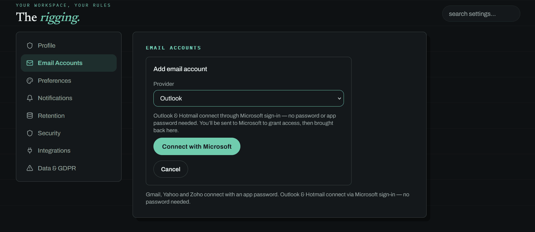 HELM Add account form with Outlook / Hotmail selected