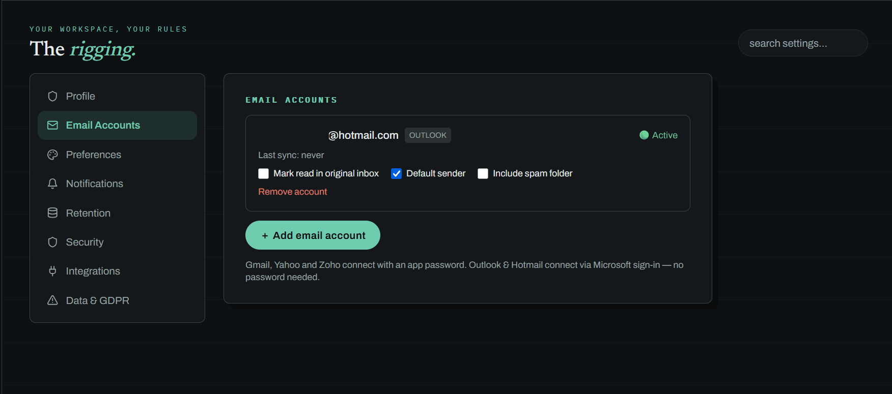 HELM accounts list showing the connected Outlook account with a green Active status