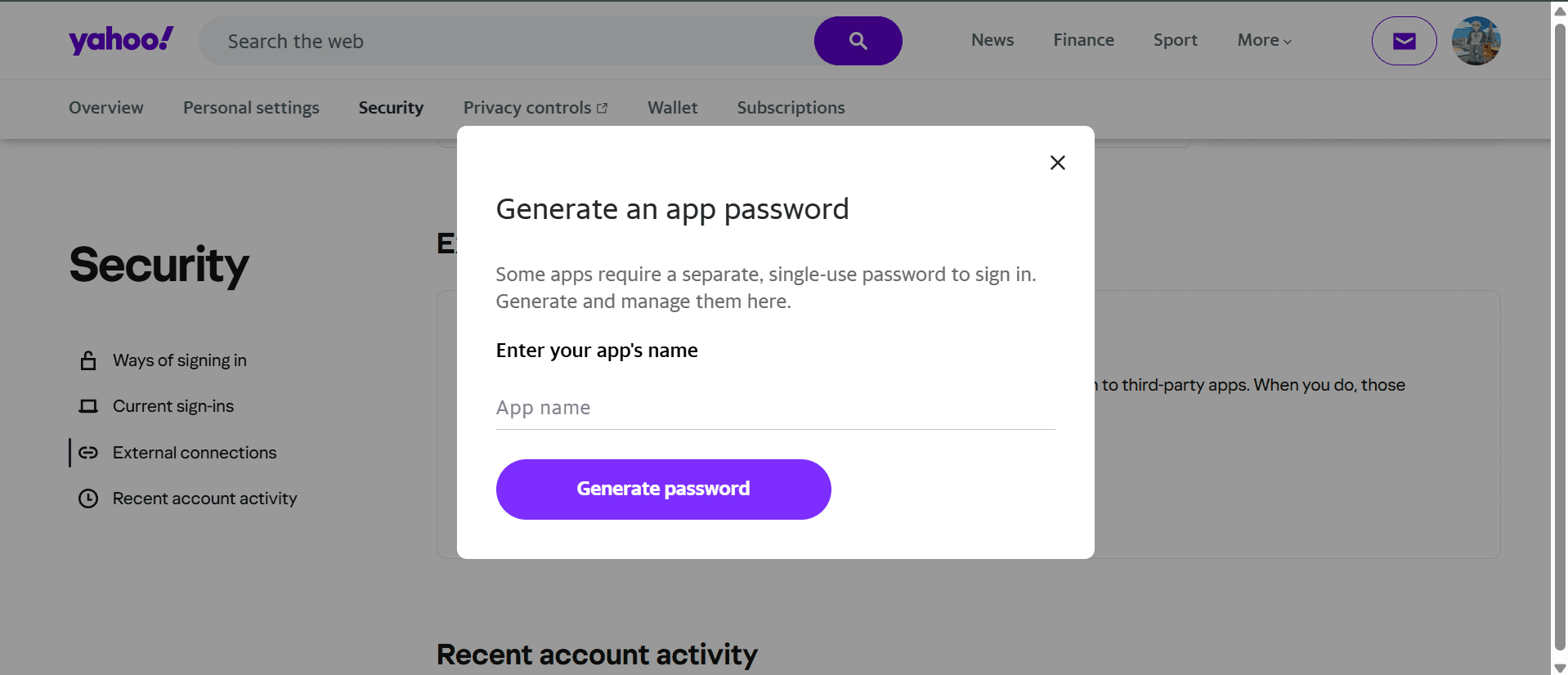 Yahoo Generate app password dialog with “Other app” selected and named HELM
