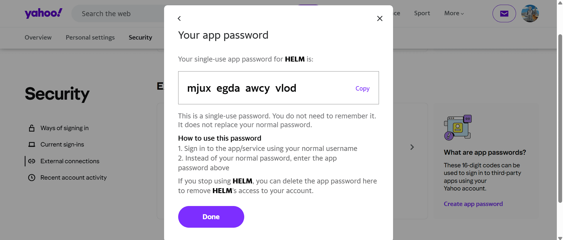 Yahoo screen showing the generated app password