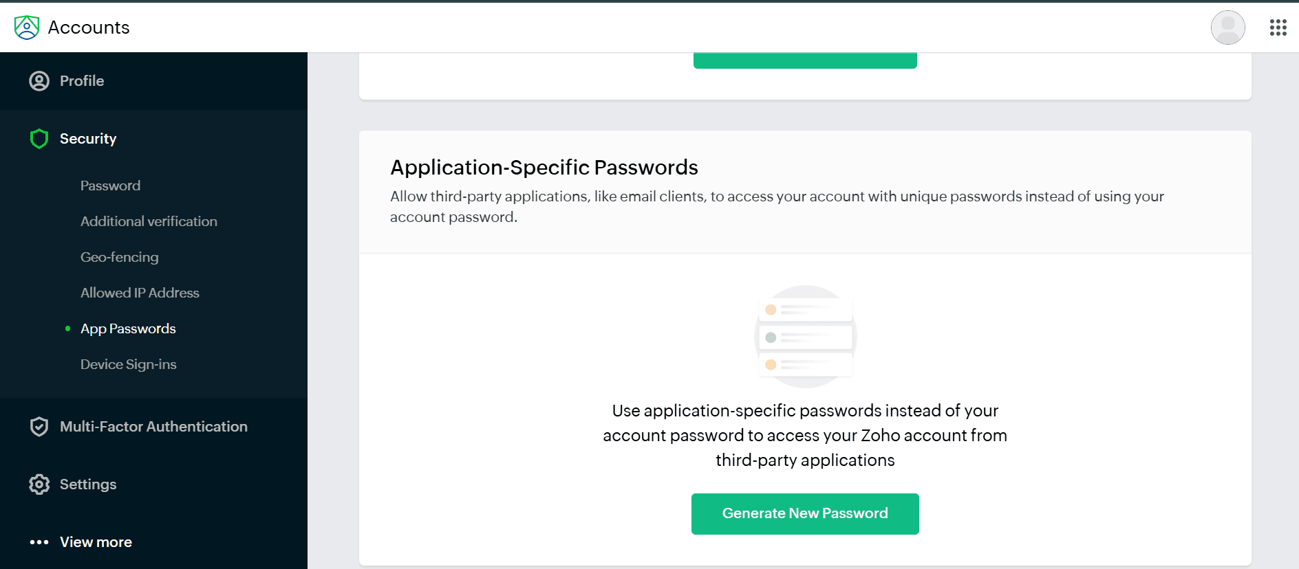 Zoho Account Security → App Passwords page with the Generate New Password button