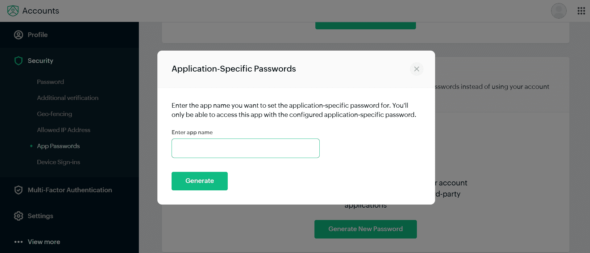 Zoho app-password creation dialog named HELM