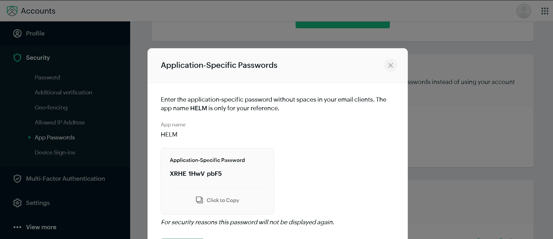 Zoho screen showing the generated app password